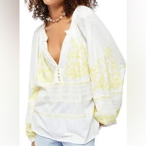 Free People  Ivory Combo Peruasion Embroidered Balloon Sleeve Blouse Large